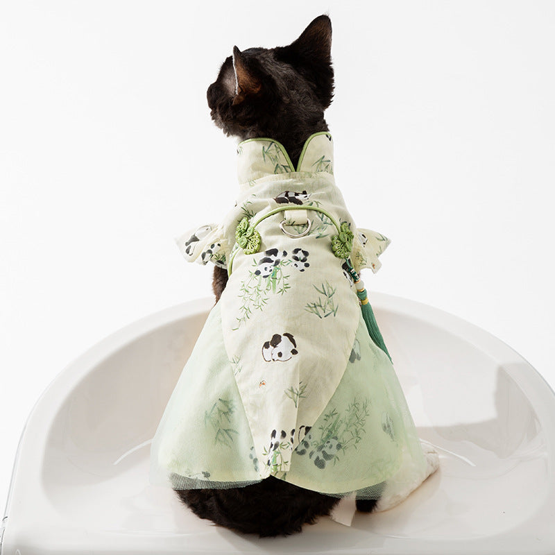 HKM-411795 Panda Bamboo Leaf Couple Dress for Hairless Cats - National Style Woven Fabric Skirt