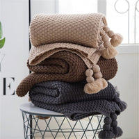 HKM-412051 Nordic Fringed Knit Blanket - Acrylic Fabric, Soft Throw for Office or Home Use