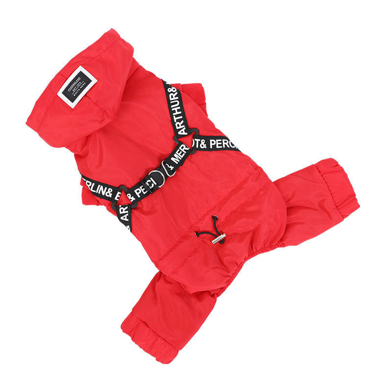 HKM-412243 Fashionable Four-Legged Dog Outfit for Spring and Autumn with Red Decorative Belt
