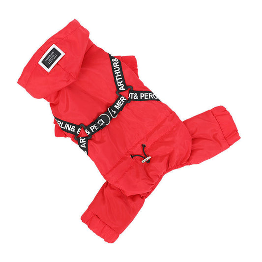 HKM-412243 Fashionable Four-Legged Dog Outfit for Spring and Autumn with Red Decorative Belt