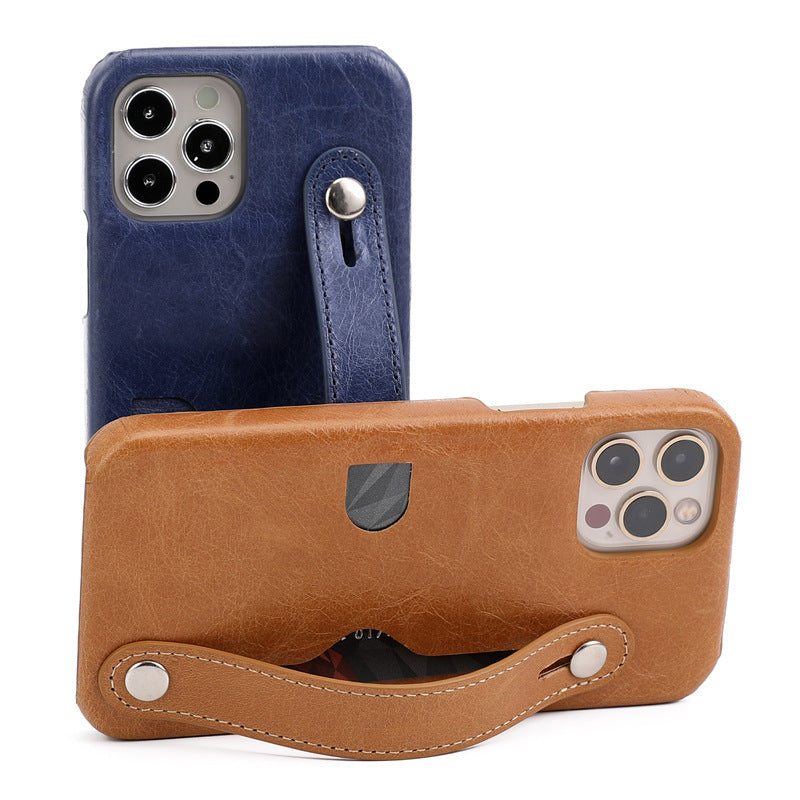 HKM-412371 Genuine Leather Wrist Strap Card Holder Phone Case for iPhone - Fashionable & Simple Design