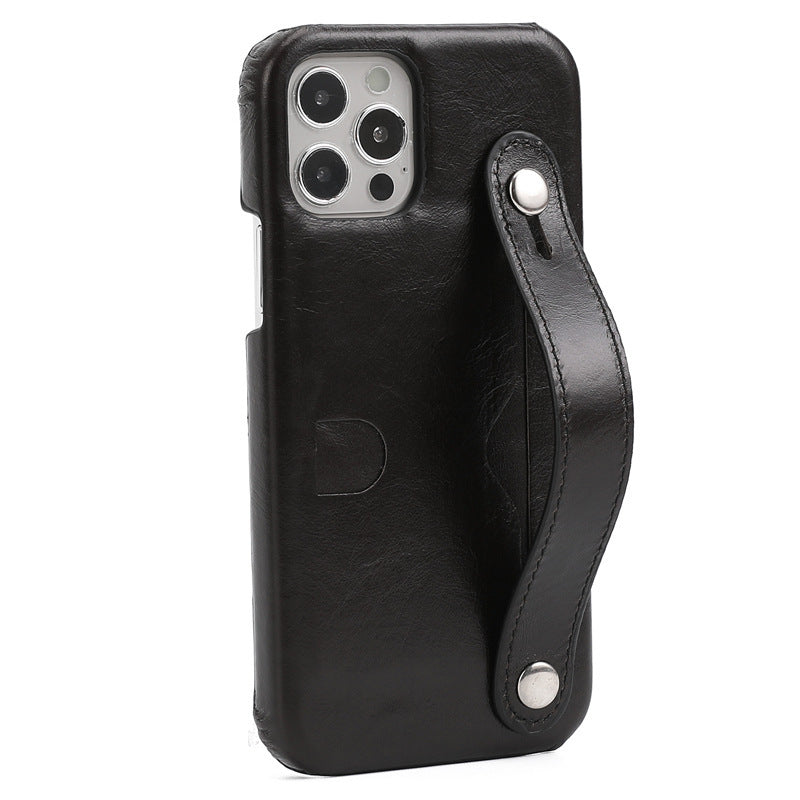 HKM-412371 Genuine Leather Wrist Strap Card Holder Phone Case for iPhone - Fashionable & Simple Design