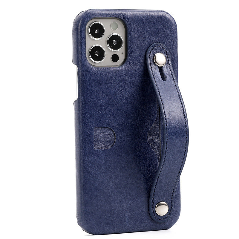 HKM-412371 Genuine Leather Wrist Strap Card Holder Phone Case for iPhone - Fashionable & Simple Design