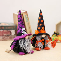 HKM-412563 Cartoon Forest Man Doll Broom Ornament in Orange and Purple for Halloween Décor