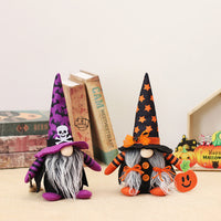 HKM-412563 Cartoon Forest Man Doll Broom Ornament in Orange and Purple for Halloween Décor