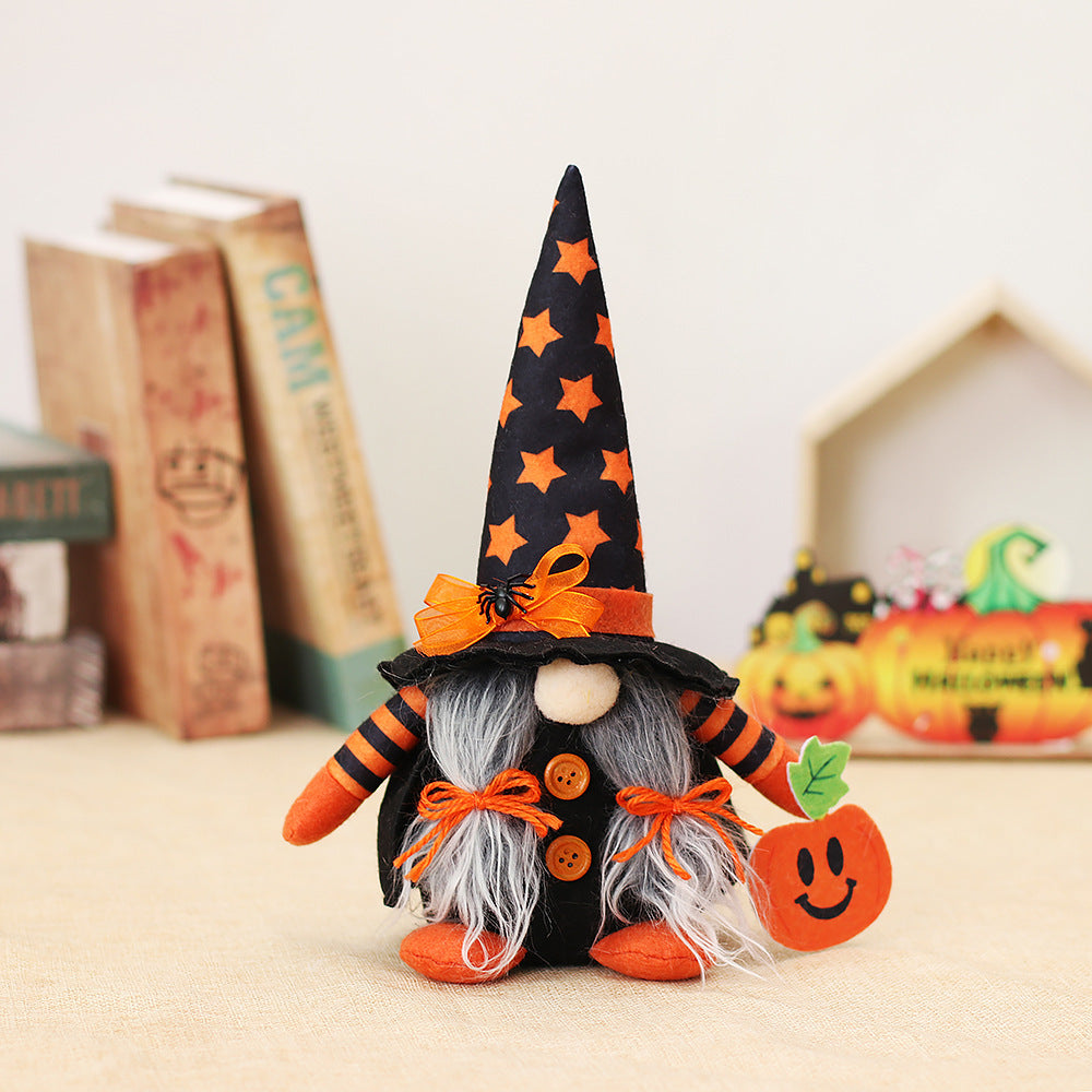 HKM-412563 Cartoon Forest Man Doll Broom Ornament in Orange and Purple for Halloween Décor