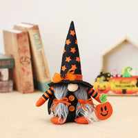 HKM-412563 Cartoon Forest Man Doll Broom Ornament in Orange and Purple for Halloween Décor