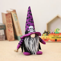 HKM-412563 Cartoon Forest Man Doll Broom Ornament in Orange and Purple for Halloween Décor