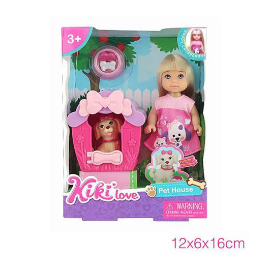 Cute 4.5 Inch Rubber Girl Doll for Pretend Play with Pet House, Ages 0-24 Months