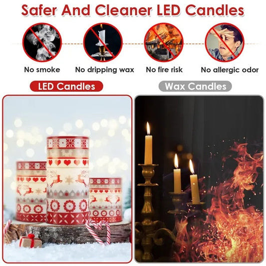 HKM-413395 Christmas Flameless LED Candles Set with Remote, Timer, and 3 Lighting Modes - Deer Flickering Pillar Lights