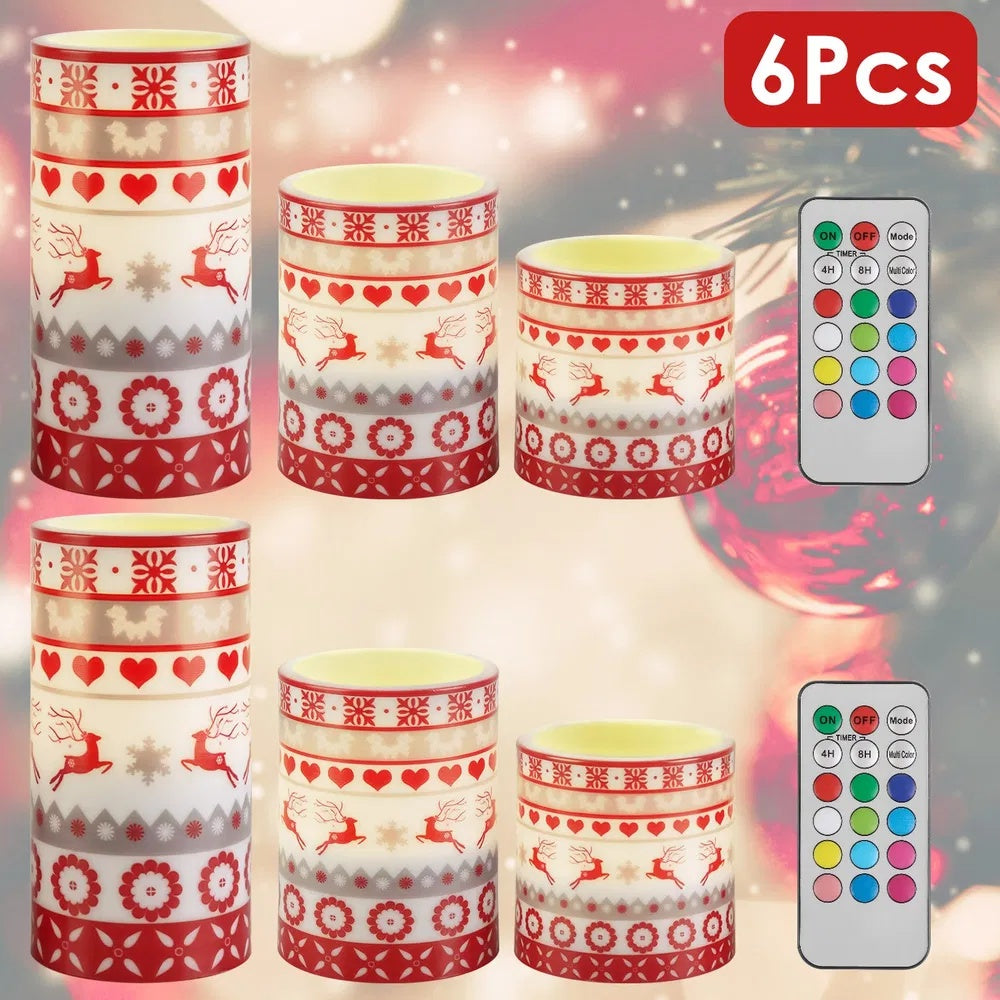 HKM-413395 Christmas Flameless LED Candles Set with Remote, Timer, and 3 Lighting Modes - Deer Flickering Pillar Lights