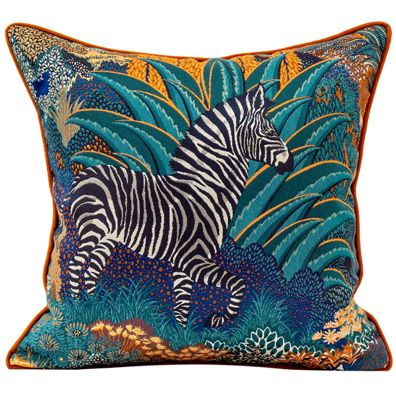 HKM-413395 Zebra Jacquard Decorative Pillow with Floral Pattern, 45x45cm, Polyester Cover, PP Cotton Filling