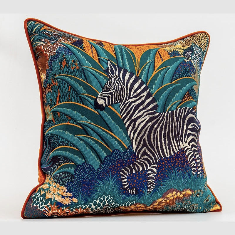 HKM-413395 Zebra Jacquard Decorative Pillow with Floral Pattern, 45x45cm, Polyester Cover, PP Cotton Filling
