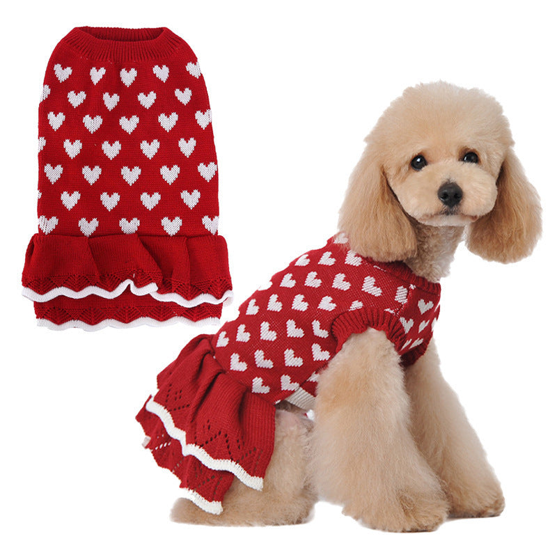 HKM-413843 Cozy Acrylic Round Neck Sweater for Dogs in Red and Pink Skirt Options