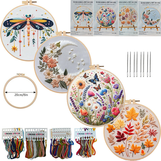 KTX-414419 Embroidery DIY Material Set with Silver Moon, Dragonfly, Autumn Leaves, and Butterfly Patterns