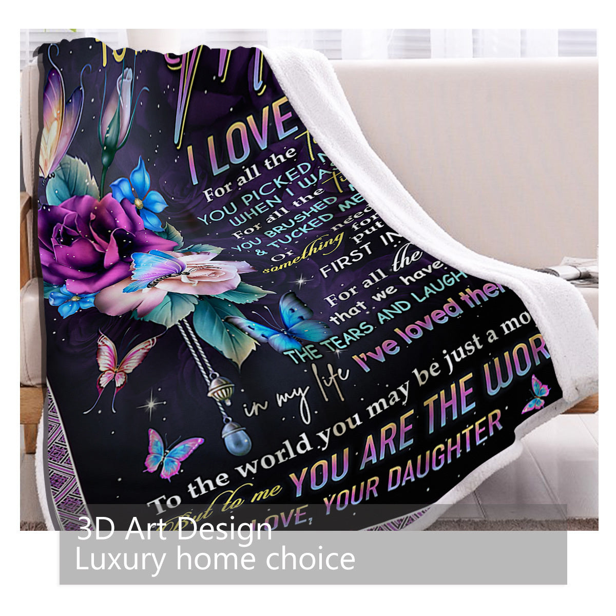 HKM-414419 Soft Sherpa Fleece Blanket with Butterfly Love Flower Design - Ideal for Couch, Office, and Camping