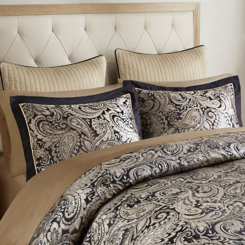 HKM-414739 12 Piece Black Comforter Set with Cotton Bed Sheets for King Bed