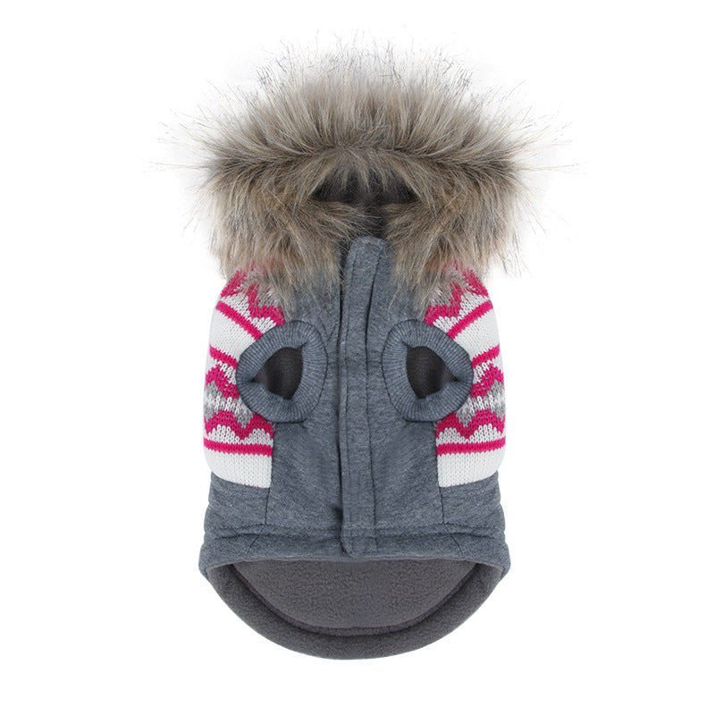 HKM-415187 Gray Dog Coat with Fur Collar - Stylish Two-Legged Trench Coat