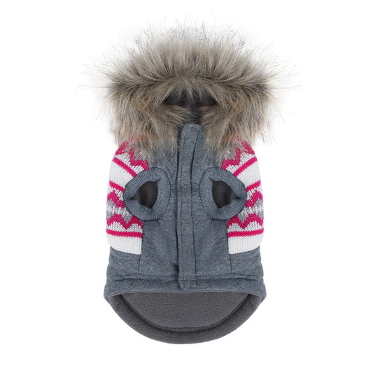 HKM-415187 Gray Dog Coat with Fur Collar - Stylish Two-Legged Trench Coat