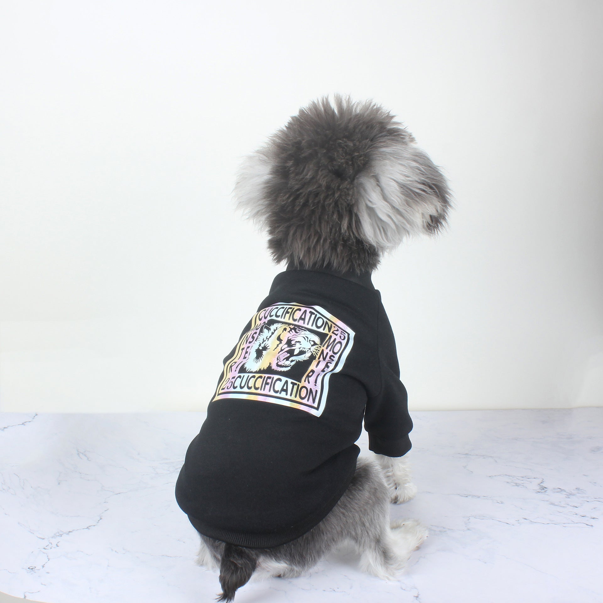 HKM-415251 Pet Plus Velvet Tiger Head Sweater for Autumn and Winter, Trendy Casual Style, Black Cotton Fabric