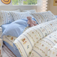 HKM-415571 Washed Cotton Cartoon & Floral Bed Sheet Set - Three or Four-Piece Options