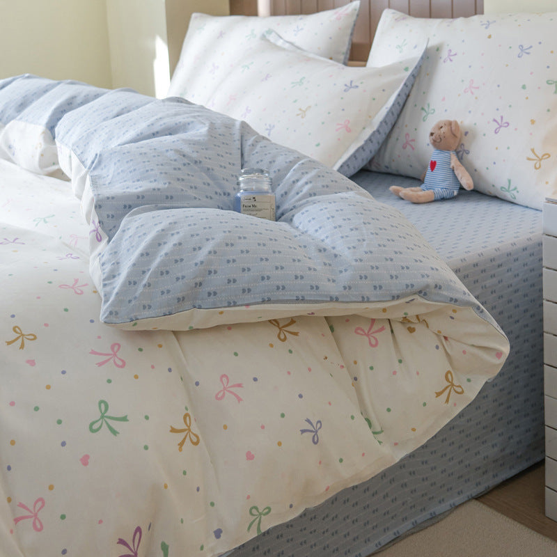 HKM-415571 Washed Cotton Cartoon & Floral Bed Sheet Set - Three or Four-Piece Options