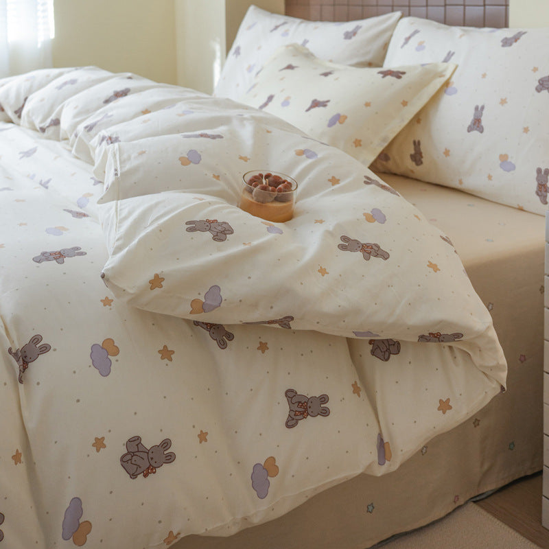 HKM-415571 Washed Cotton Cartoon & Floral Bed Sheet Set - Three or Four-Piece Options