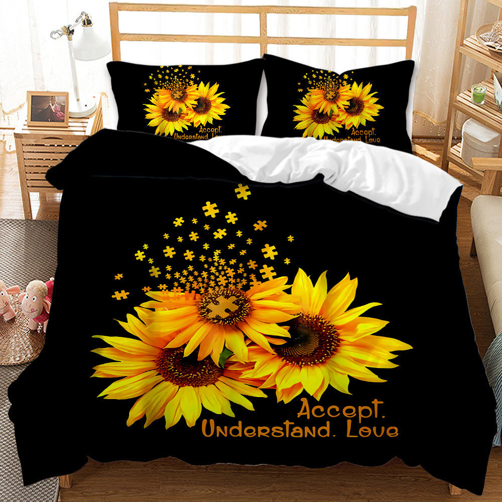 HKM-416723 Sunflower Pattern Modern Quilt Cover Set with Pillowcases in Multiple Sizes