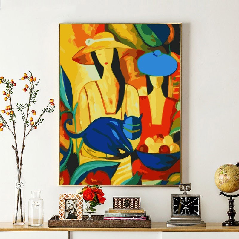 KTX-417555 Abstract Hand-Painted Digital Oil Painting of Woman and Cat on Stretch Frame, 40x50 cm