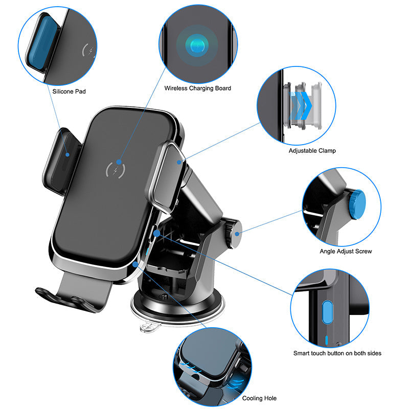HKM-418067 Wireless Car Charger with Suction Cup Mount, USB Output, Adjustable Design, Durable ABS and PVC Materials