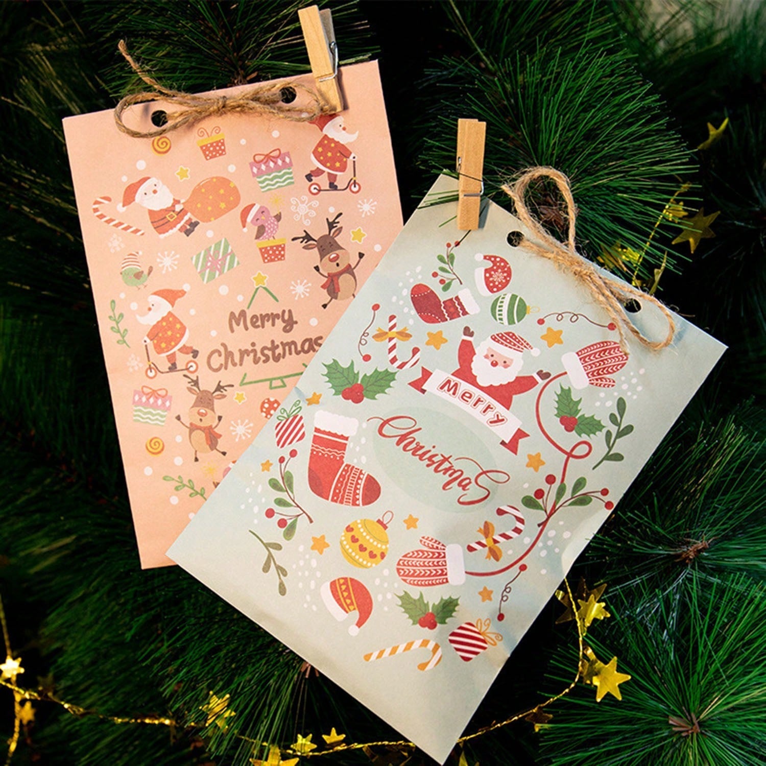 HKM-418835 48-Piece Christmas Advent Calendar Gift Bag Set with Santa and Snowman Designs, Countdown Stickers 1-24, Includes Clips and Strings