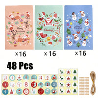 HKM-418835 48-Piece Christmas Advent Calendar Gift Bag Set with Santa and Snowman Designs, Countdown Stickers 1-24, Includes Clips and Strings