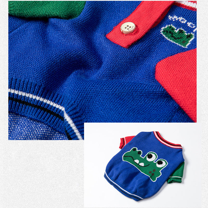 HKM-418899 Cozy Cartoon Dog Sweater for Autumn and Winter - Red & Blue Wool Sizes XXS to XXL