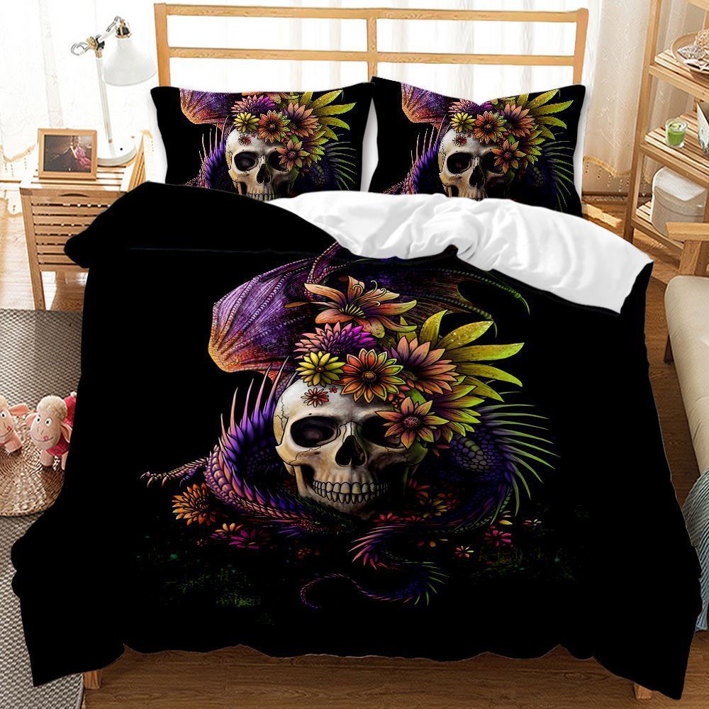 HKM-419027 Three-Piece Skull Printed Duvet Cover Set with Modern Design in Various Sizes