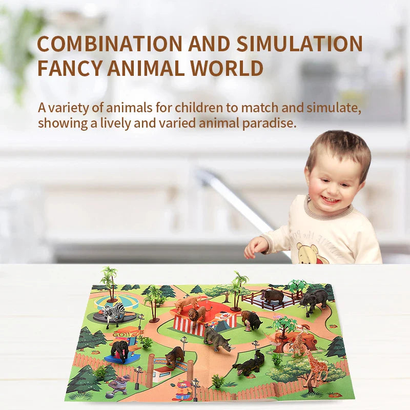 KTX-419283 Kids' Jungle Animal Toy Set with Soft Play Mat - Safari and Farm Animals for Pretend Play
