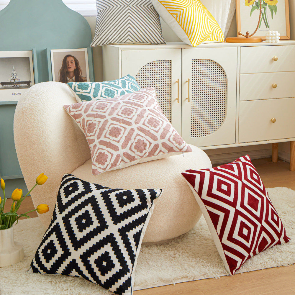 HKM-420307 Geometric Embroidered Cushion Pillow Cover - Modern Style 45x45cm in Various Colors