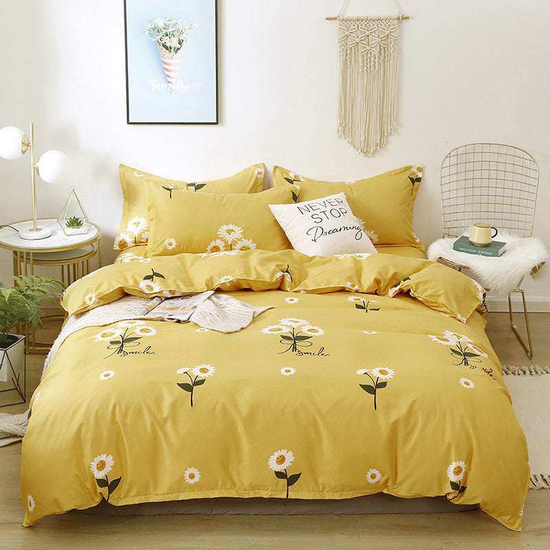 HKM-420499 Brushed Four-Piece Bed Sheet Set with Floral Pattern for Various Bed Sizes