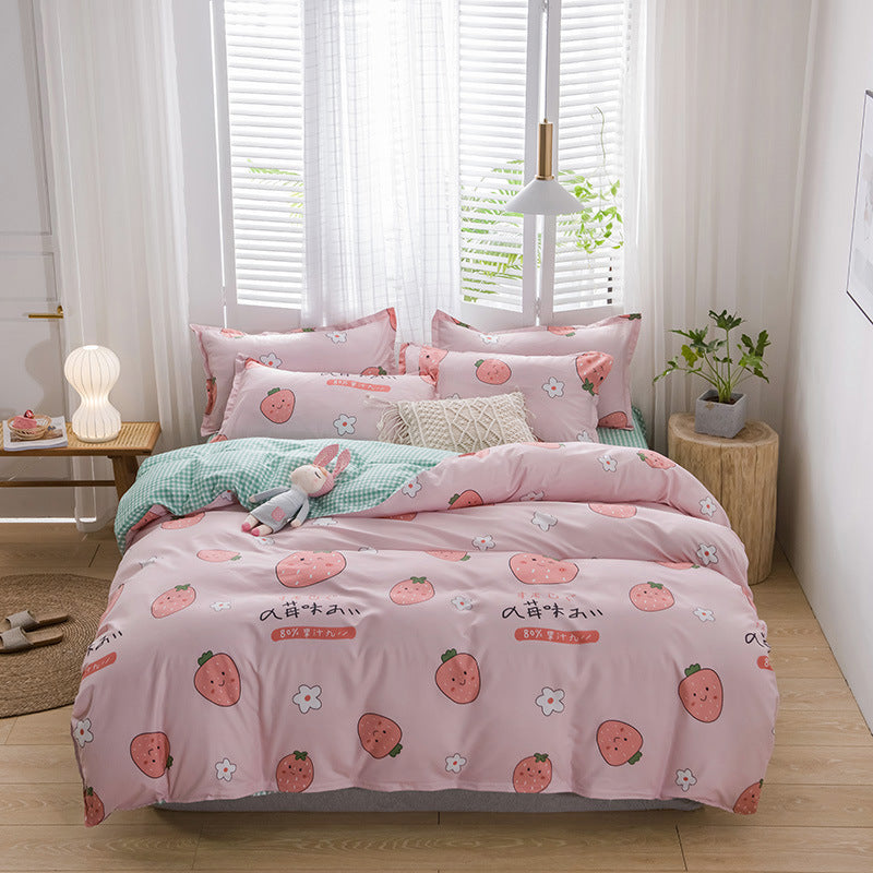 HKM-420499 Brushed Four-Piece Bed Sheet Set with Floral Pattern for Various Bed Sizes