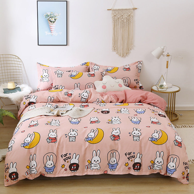 HKM-420499 Brushed Four-Piece Bed Sheet Set with Floral Pattern for Various Bed Sizes