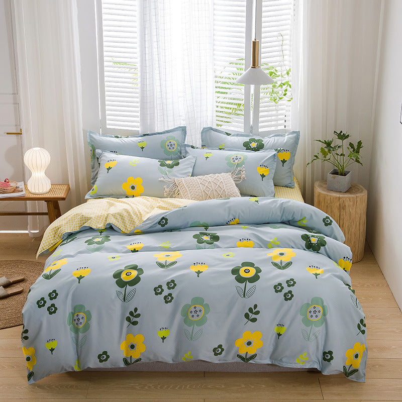 HKM-420499 Brushed Four-Piece Bed Sheet Set with Floral Pattern for Various Bed Sizes
