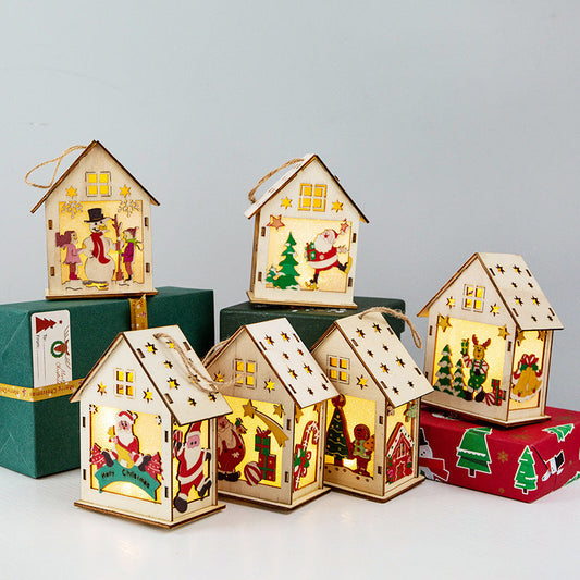 HKM-420947 Luminous Wooden Christmas Cabin Decoration – Colorful Ornaments for Holiday Cheer