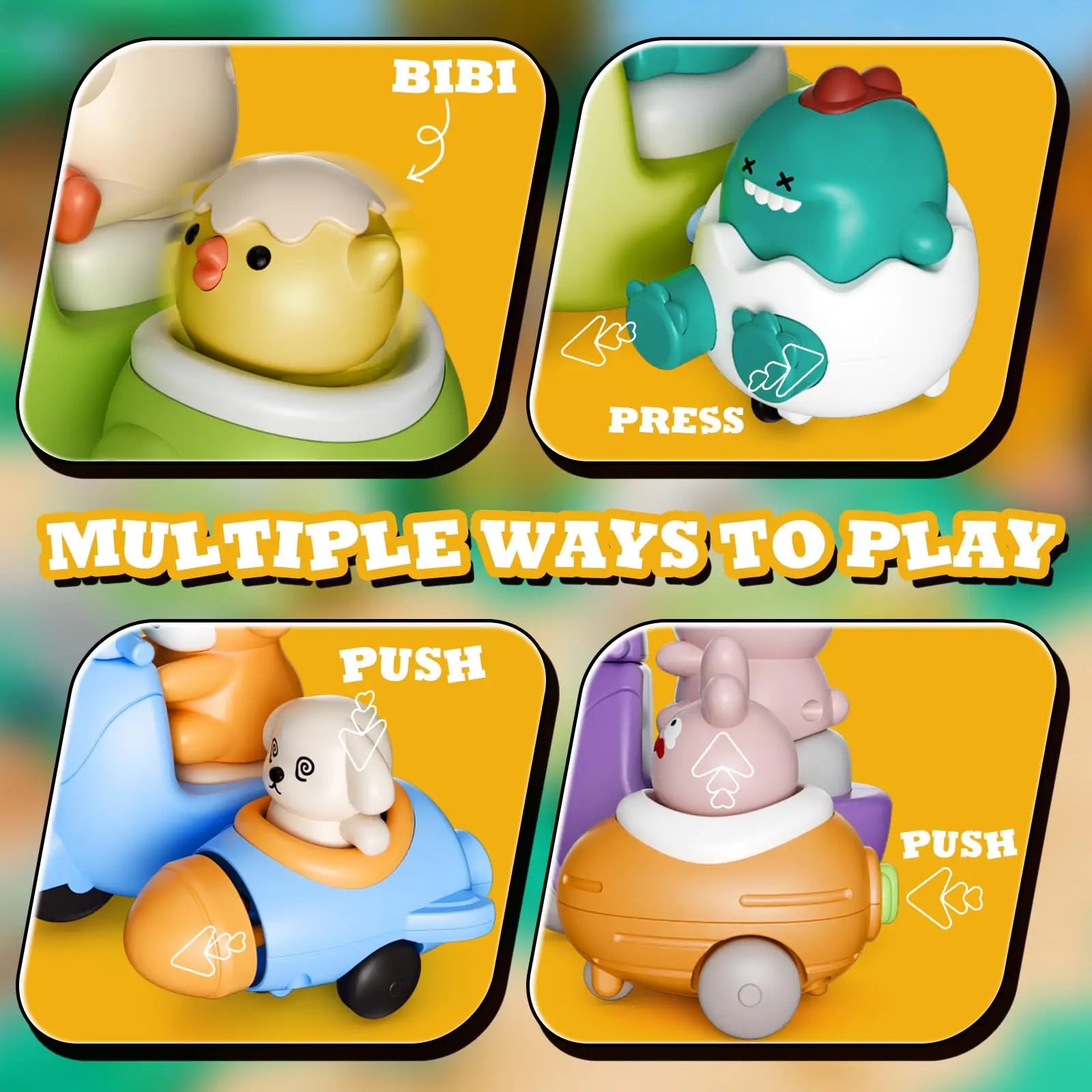 HKM-421971 Press and Go 4-Pack Animal Car Toys - Fun Friction Motorcycle & Animal Vehicles for Kids