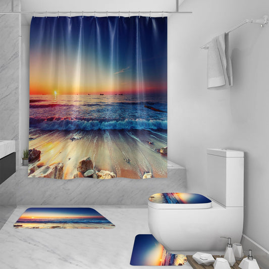 HKM-422035 3D Sea View Beach Shower Curtain Set – Waterproof Polyester, Modern Seascape Design, 180x180 cm