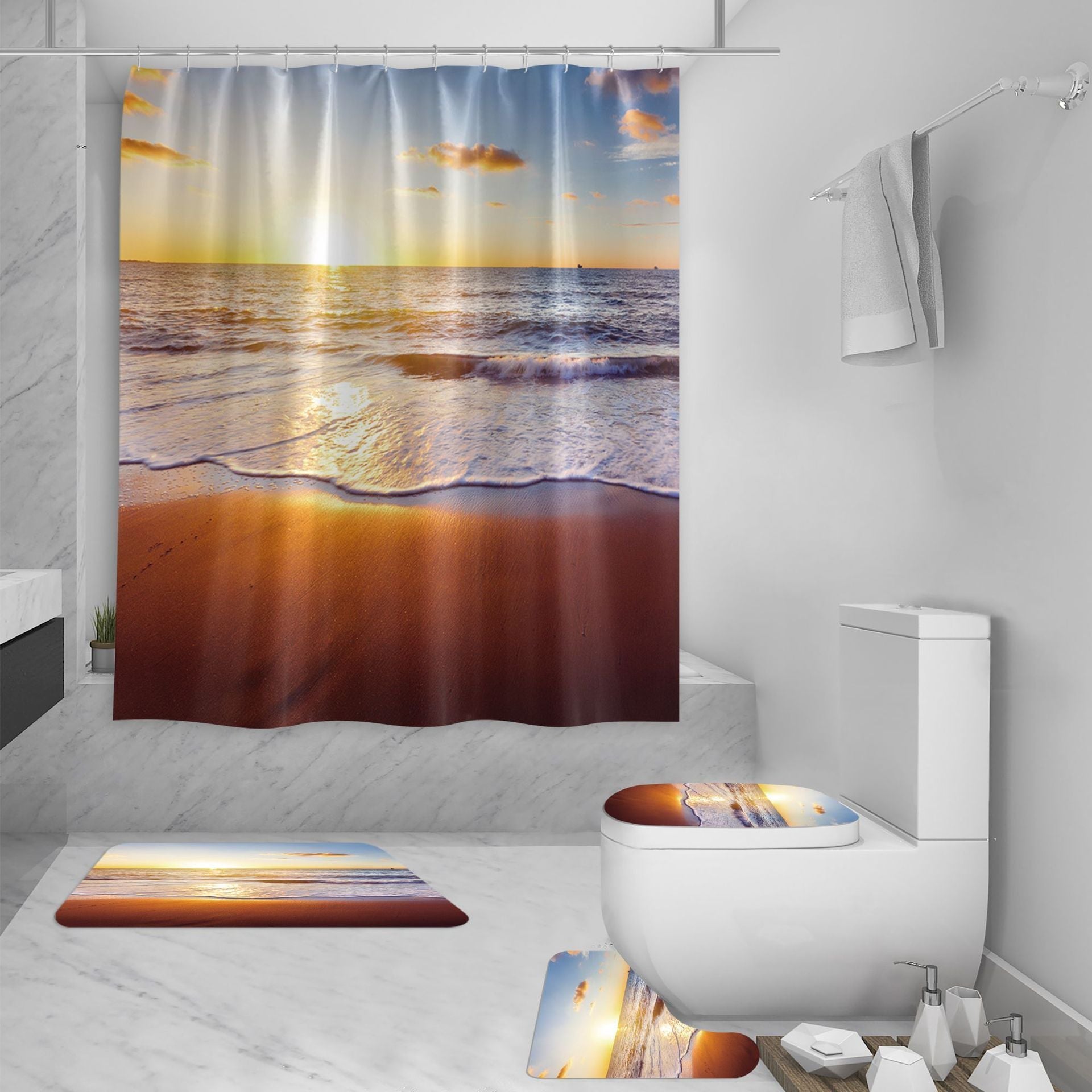 HKM-422035 3D Sea View Beach Shower Curtain Set – Waterproof Polyester, Modern Seascape Design, 180x180 cm