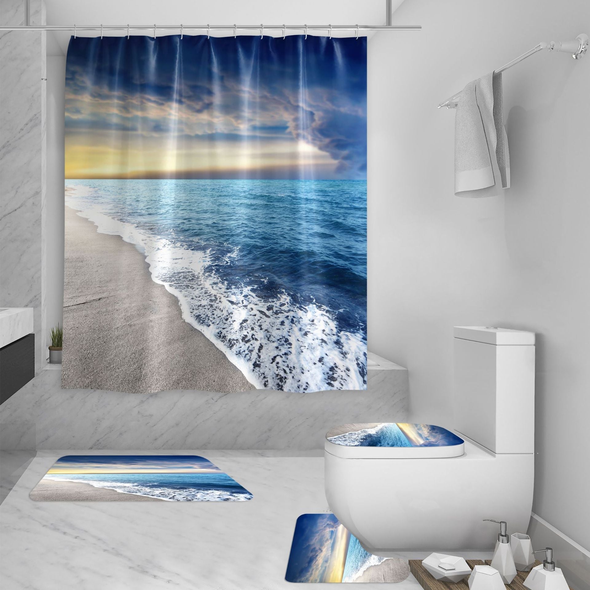 HKM-422035 3D Sea View Beach Shower Curtain Set – Waterproof Polyester, Modern Seascape Design, 180x180 cm