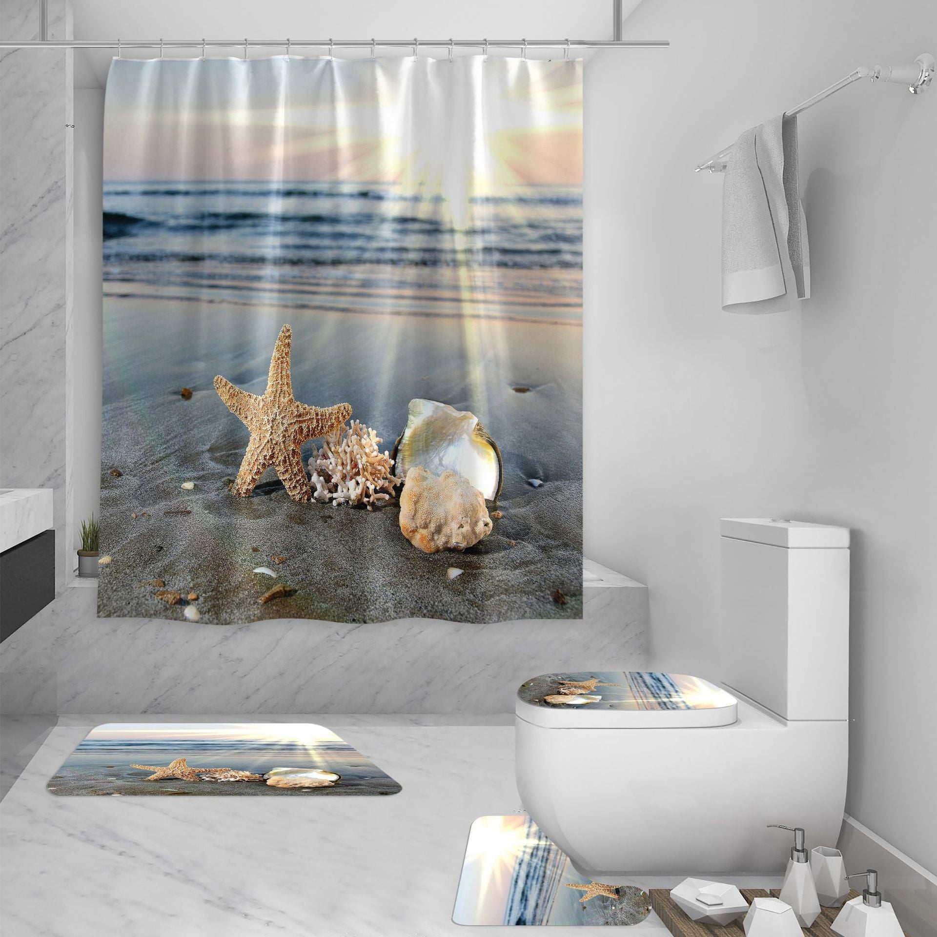HKM-422035 3D Sea View Beach Shower Curtain Set – Waterproof Polyester, Modern Seascape Design, 180x180 cm