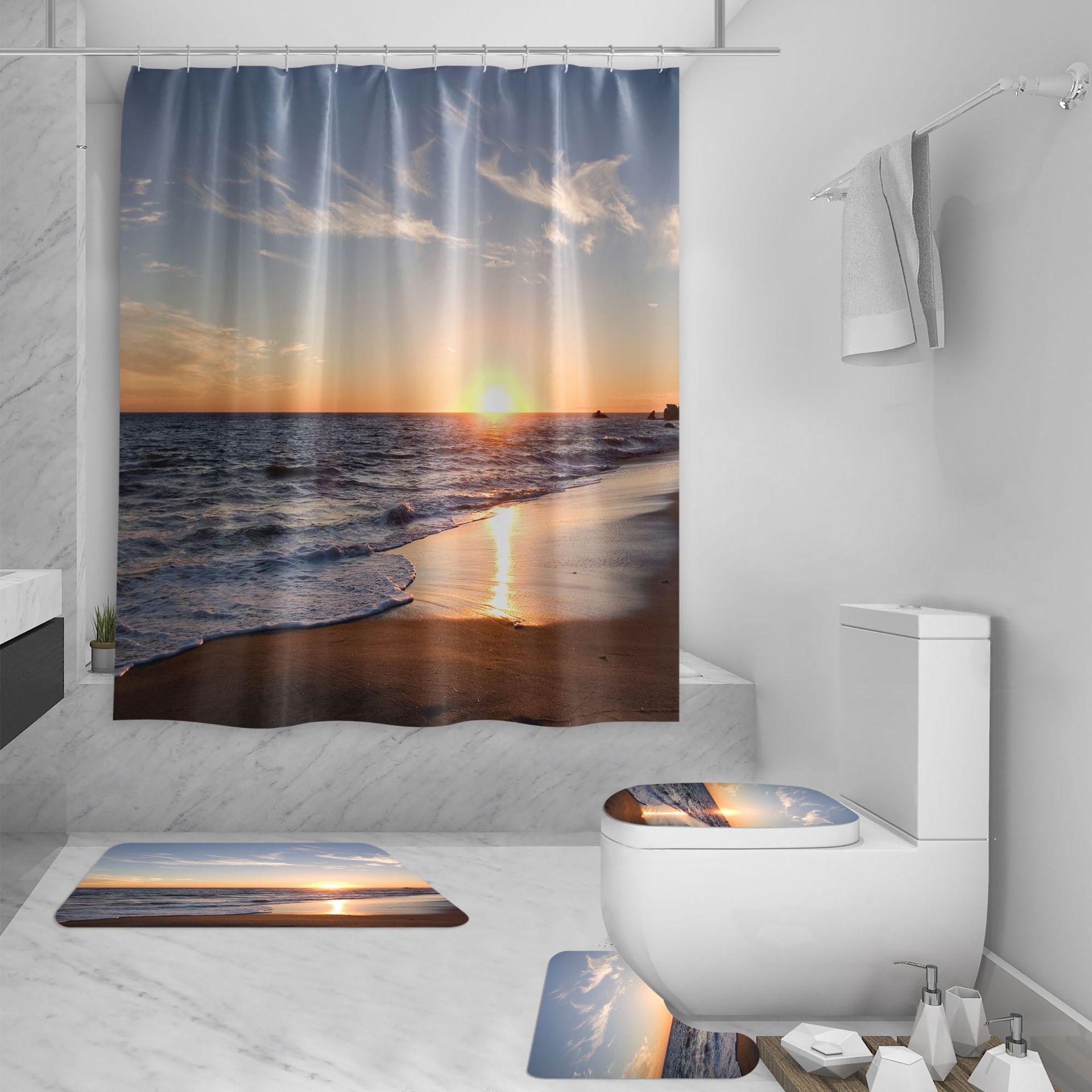 HKM-422035 3D Sea View Beach Shower Curtain Set – Waterproof Polyester, Modern Seascape Design, 180x180 cm