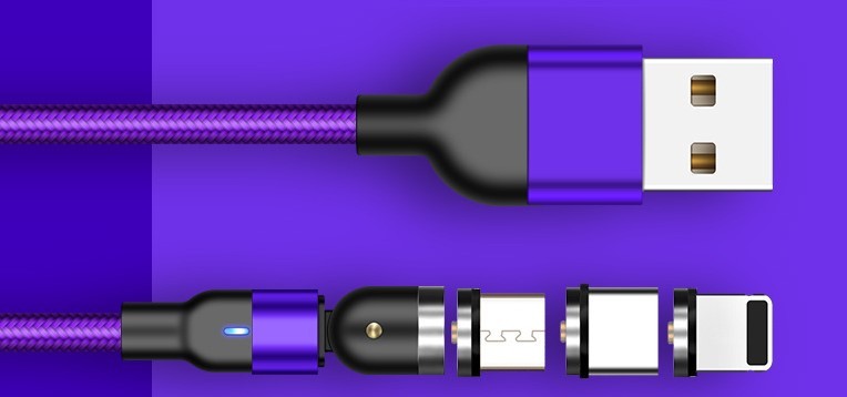 HKM-422675 Rotating Magnetic Charging Cable - 0.5m, 1m, 2m Length Options - Black, Red, Purple