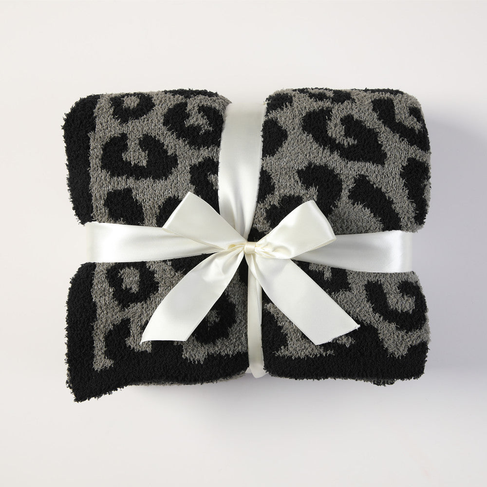 HKM-422803 Leopard Print Fleece-Lined Knitted Sofa Blanket, 130x152CM, Nordic Style, Four Seasons, Available in Multiple Colors