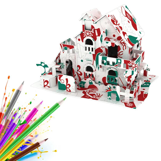 HKM-423059 3D DIY Paper Coloring Puzzle Christmas House Assembly for Kids